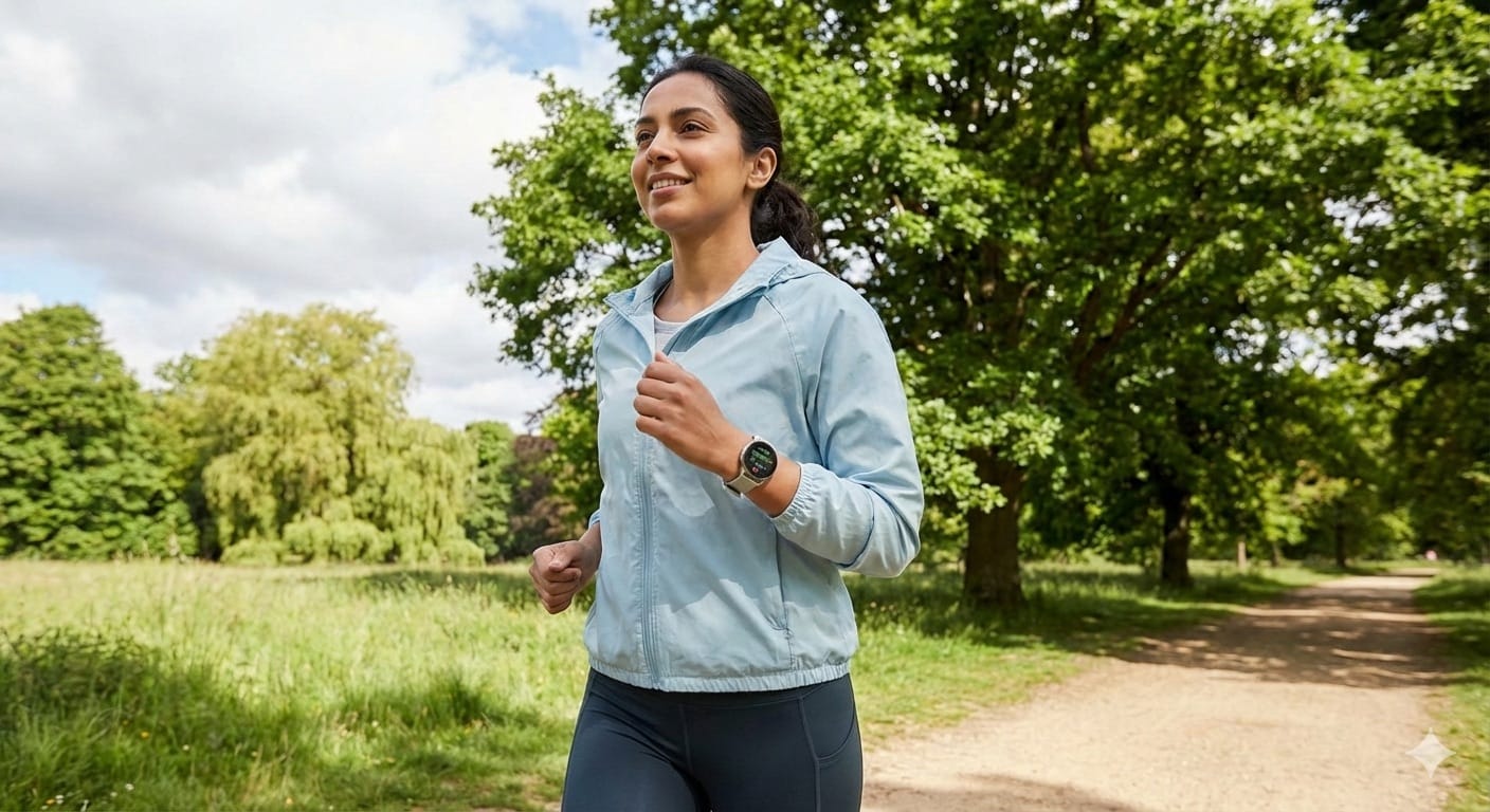 Heart rate monitor showing Zone 2 range on cyclist's wrist during easy outdoor ride