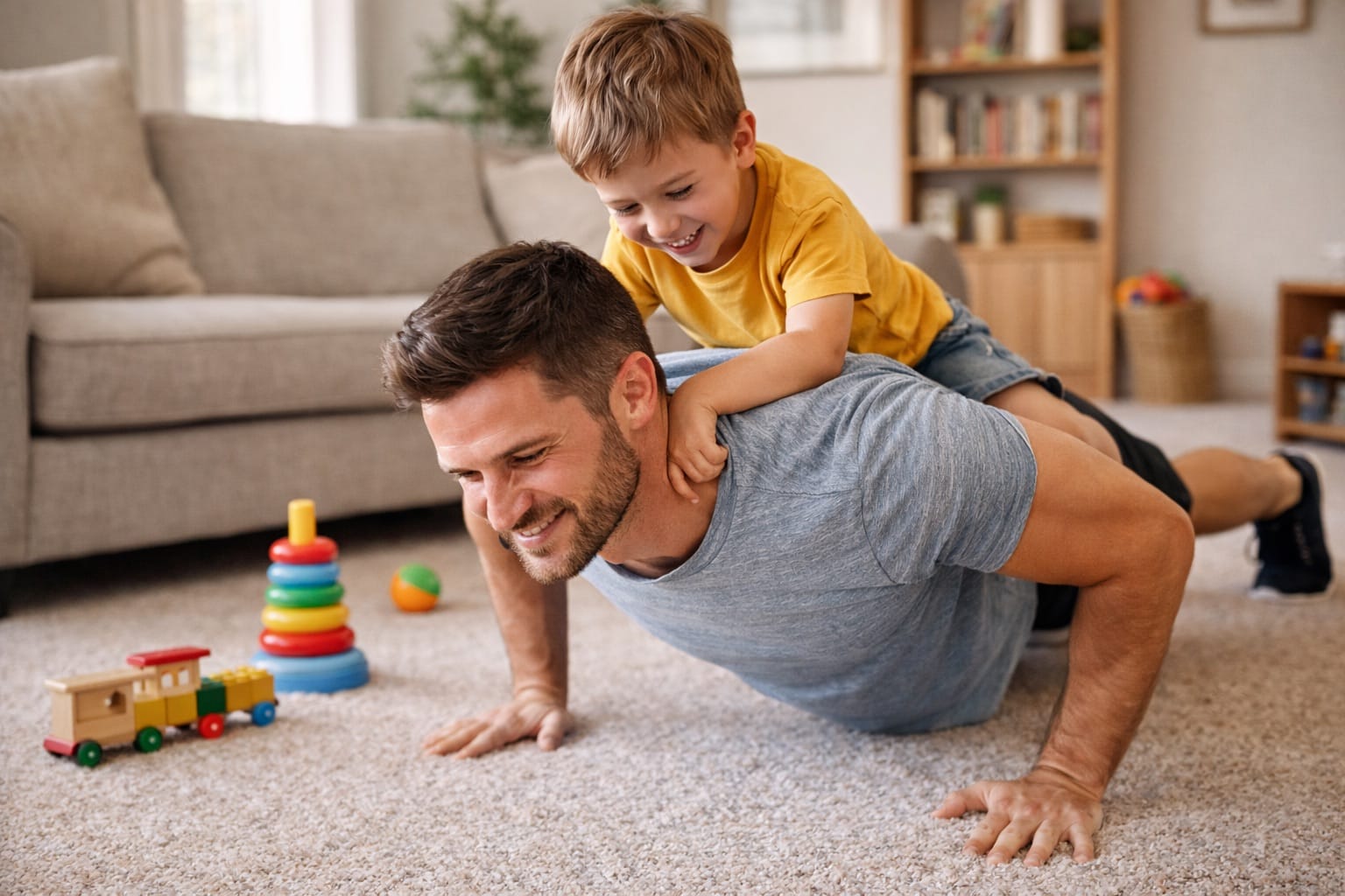 Father doing push-ups with child on his back