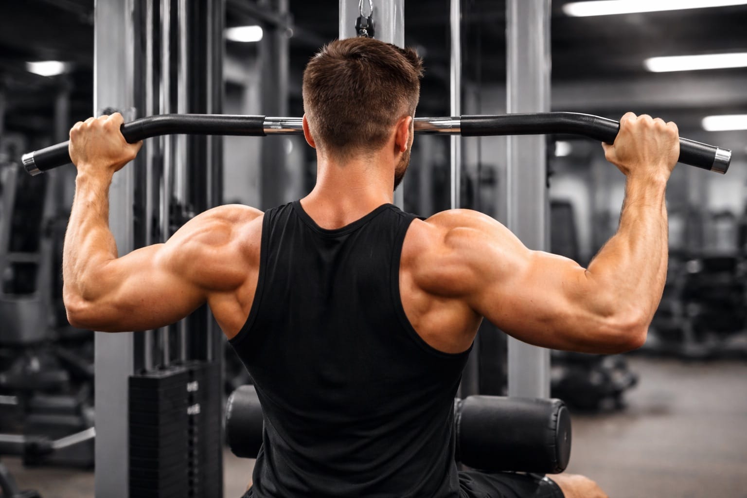 Athlete performing lat pulldown with wide grip targeting back muscles on cable machine