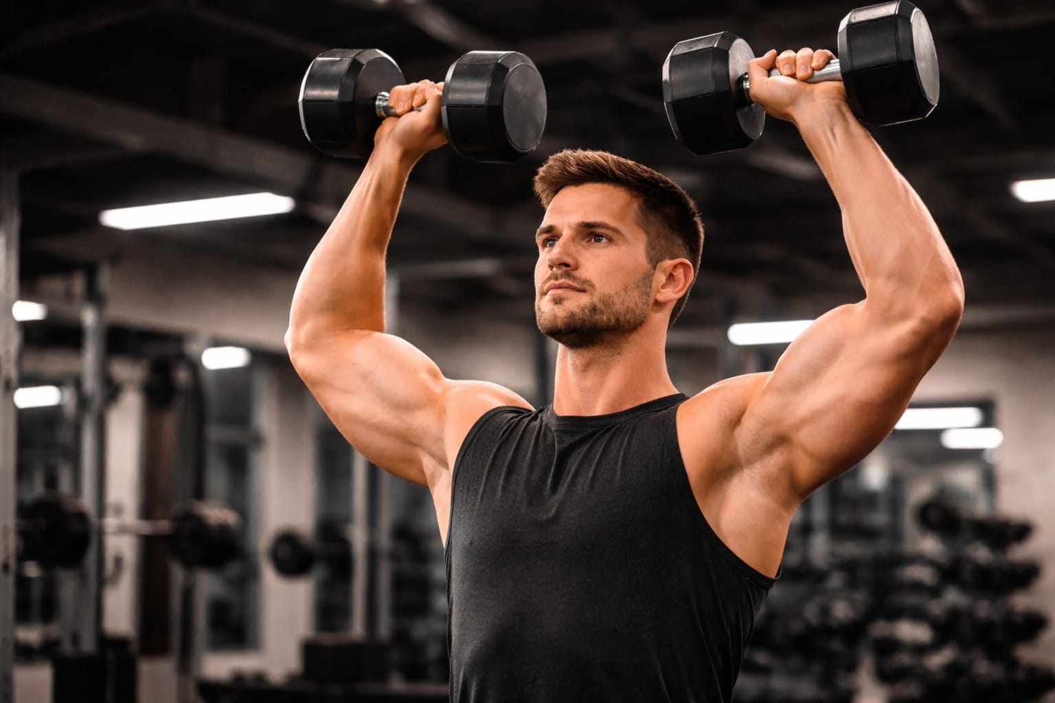 Person doing overhead shoulder press with dumbbells