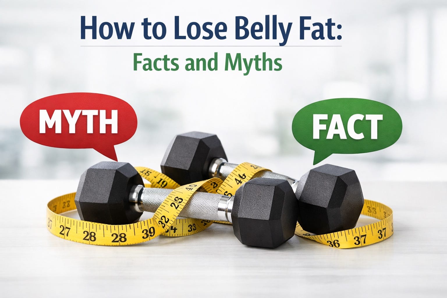 Measuring tape around waist next to healthy foods and dumbbells for belly fat reduction