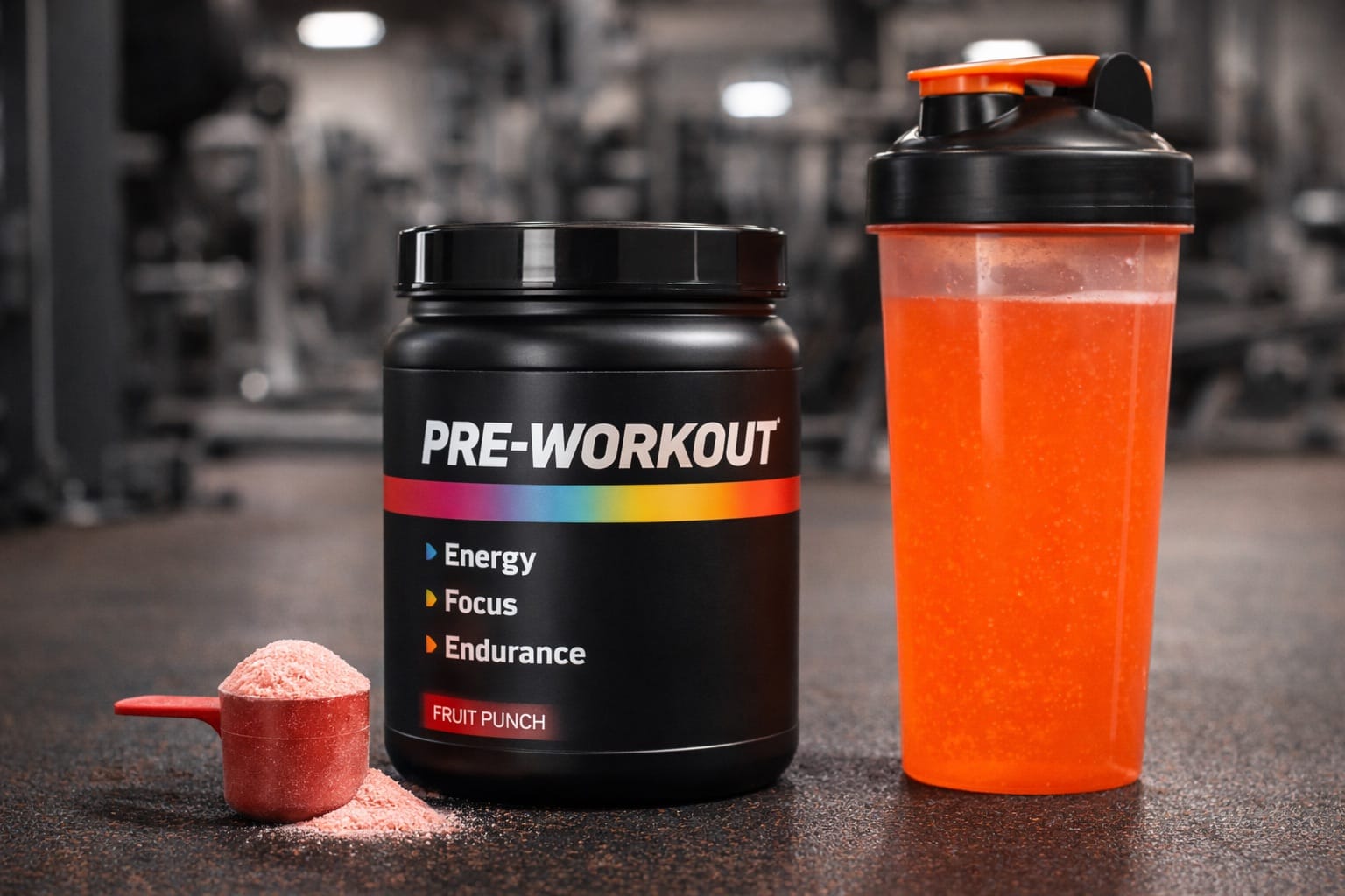 Pre-workout supplement powder and shaker bottle