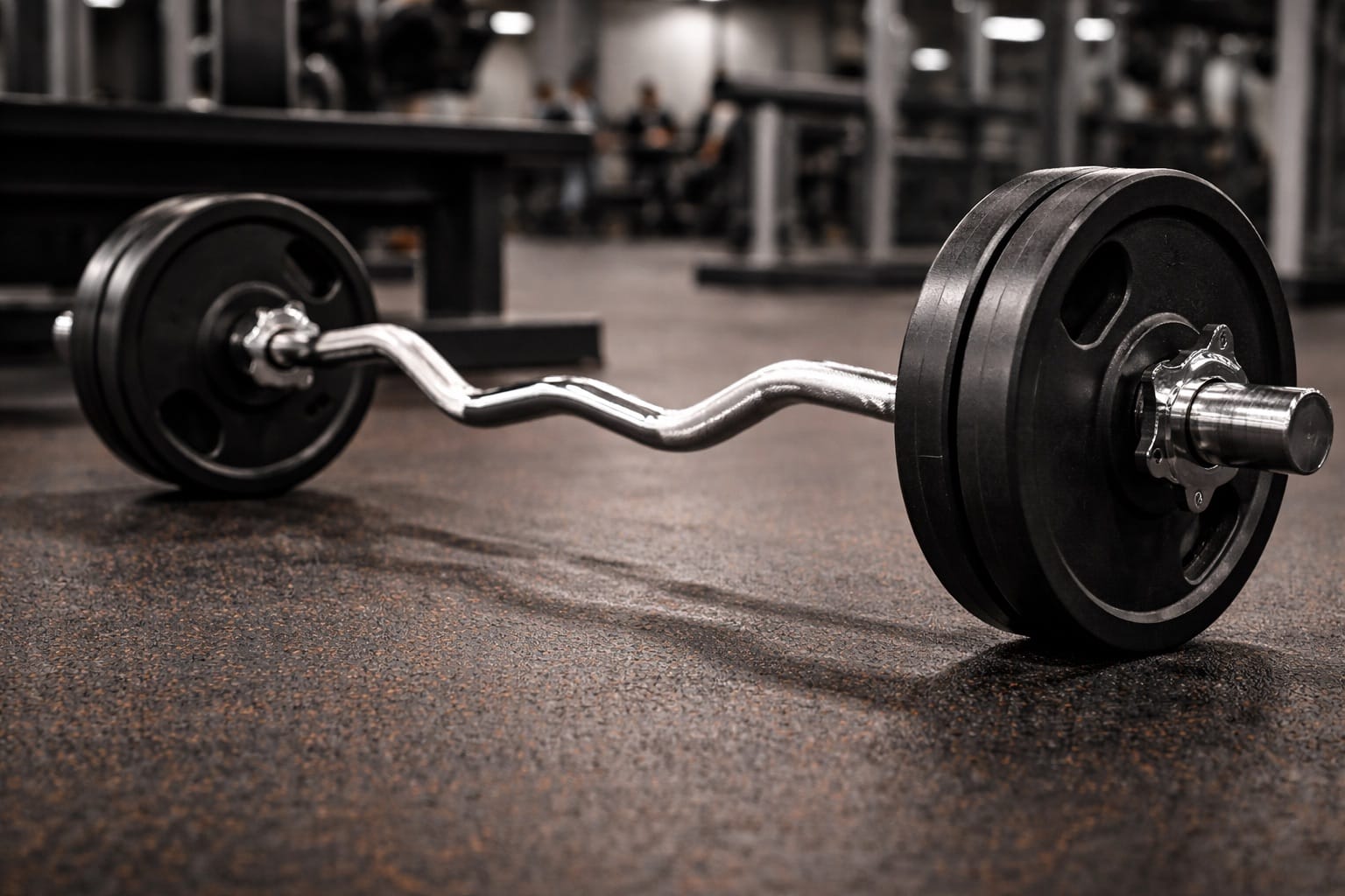 EZ curl bar with weight plates in a gym setting