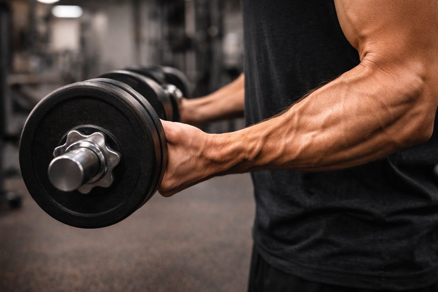 Strong forearms gripping a barbell during training