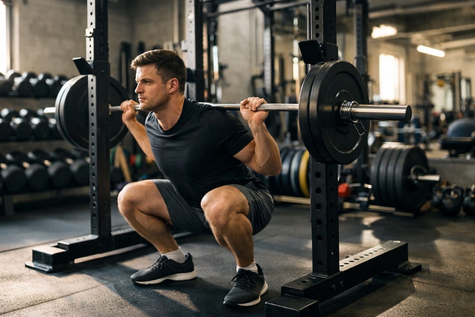 Person performing a barbell squat in the gym