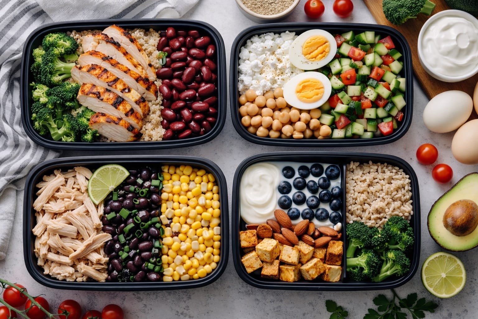 Meal prep containers with protein-rich foods