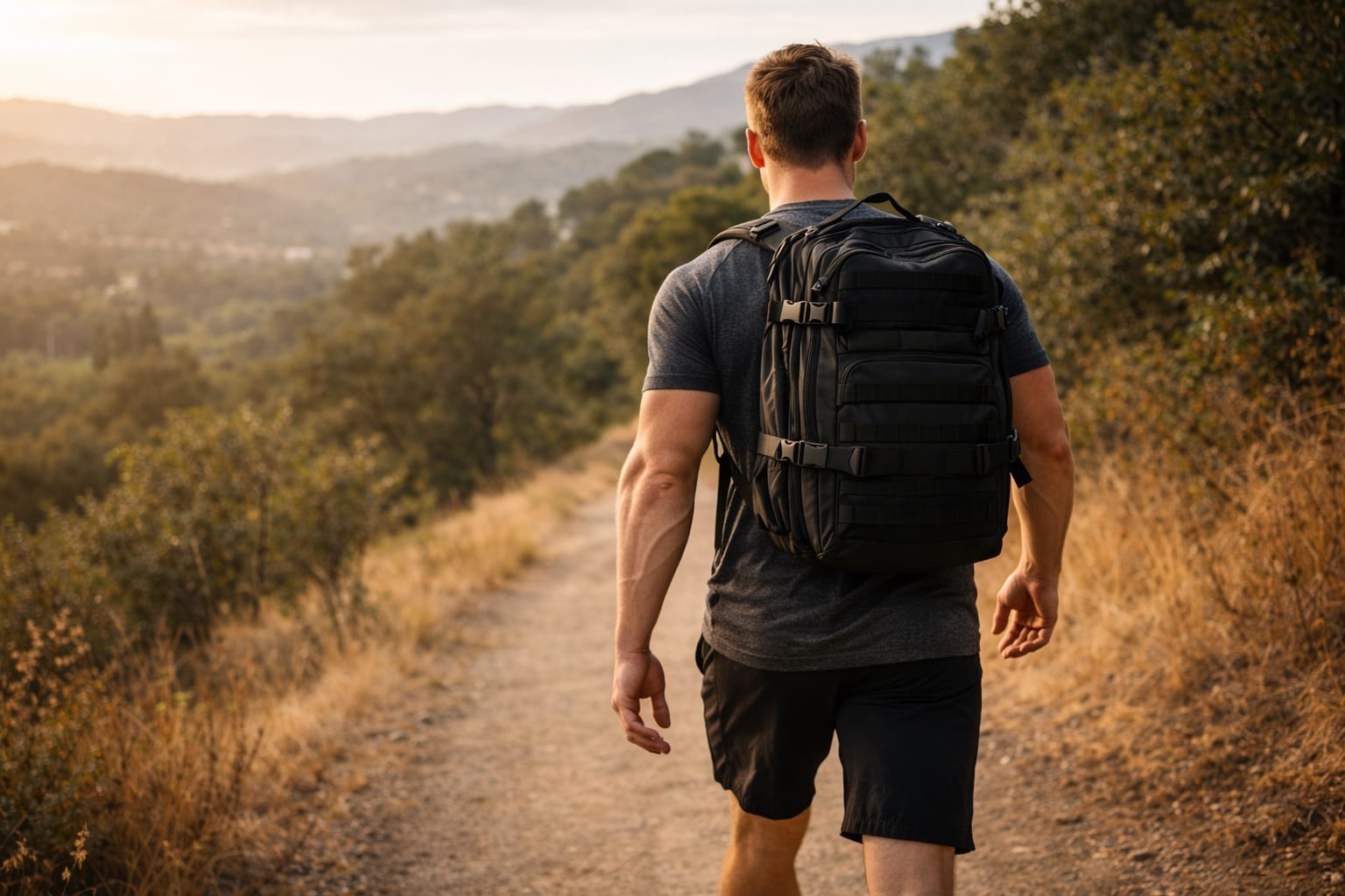 Person rucking with a weighted backpack outdoors