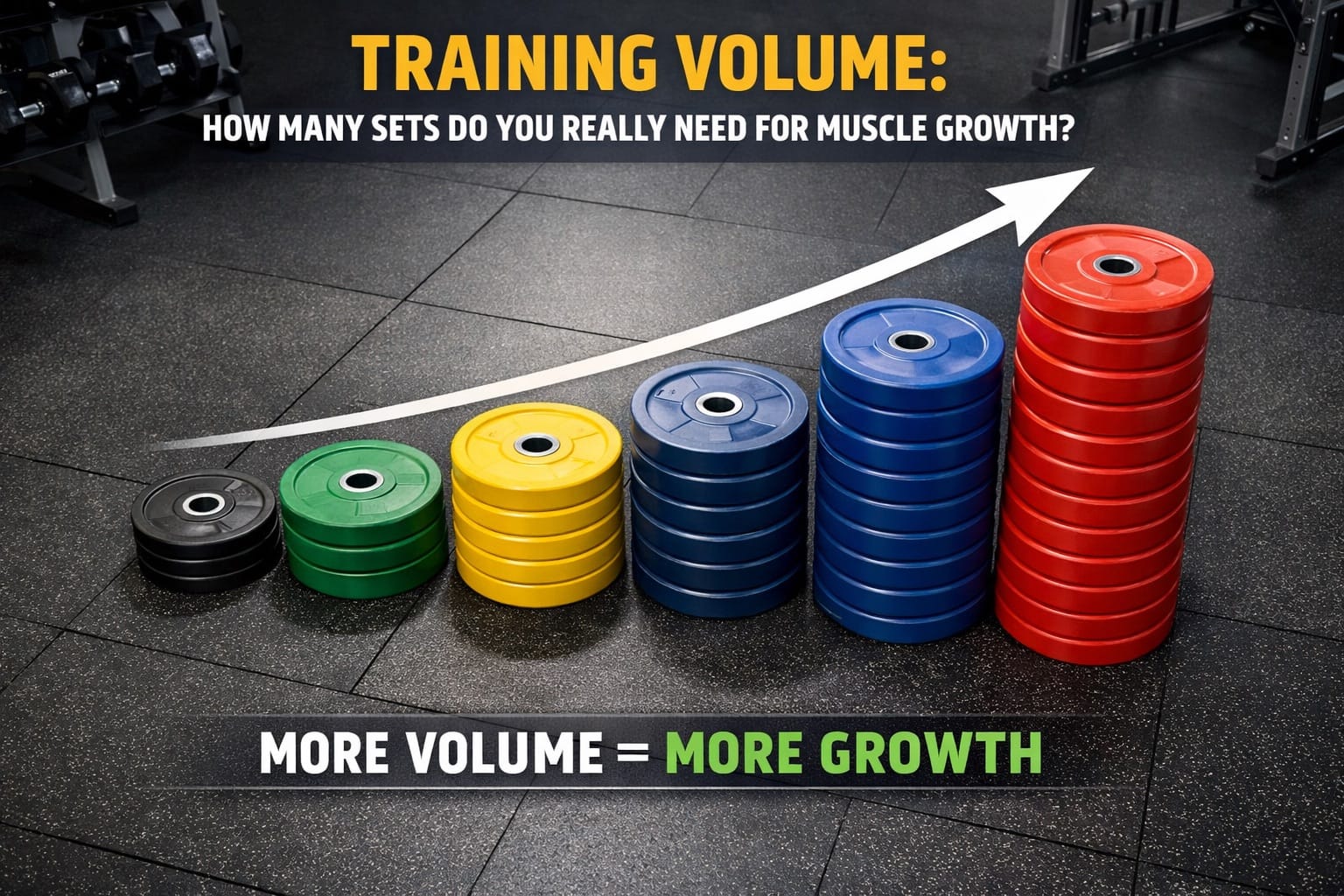 Weight plates arranged in ascending stacks representing training volume and muscle growth relationship