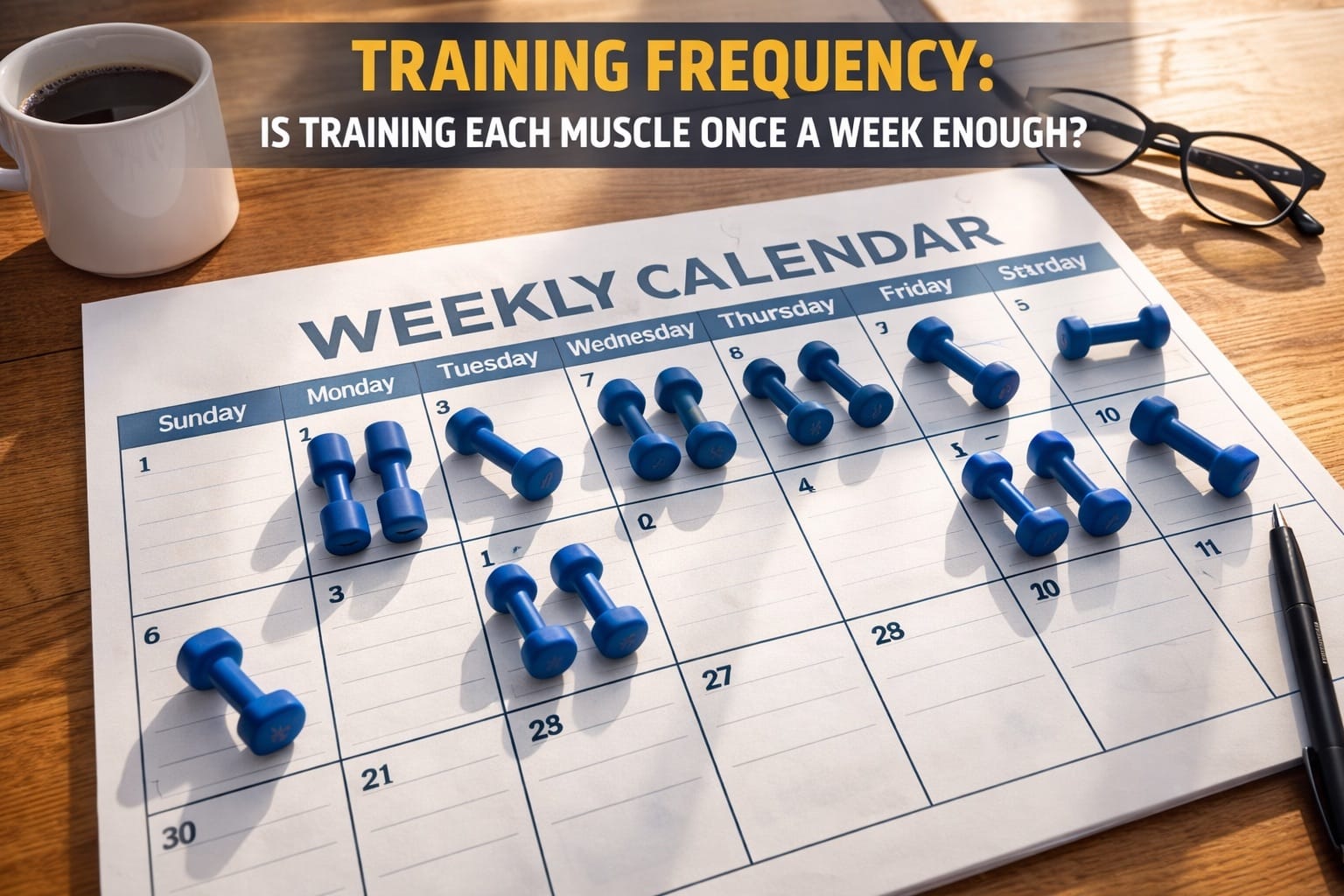 Weekly planner with dumbbells placed on different days representing training frequency planning