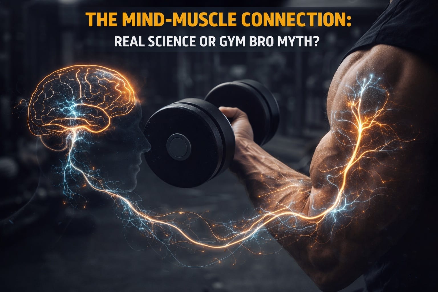 Close-up of arm during bicep curl with artistic neural pathway overlay representing mind-muscle connection