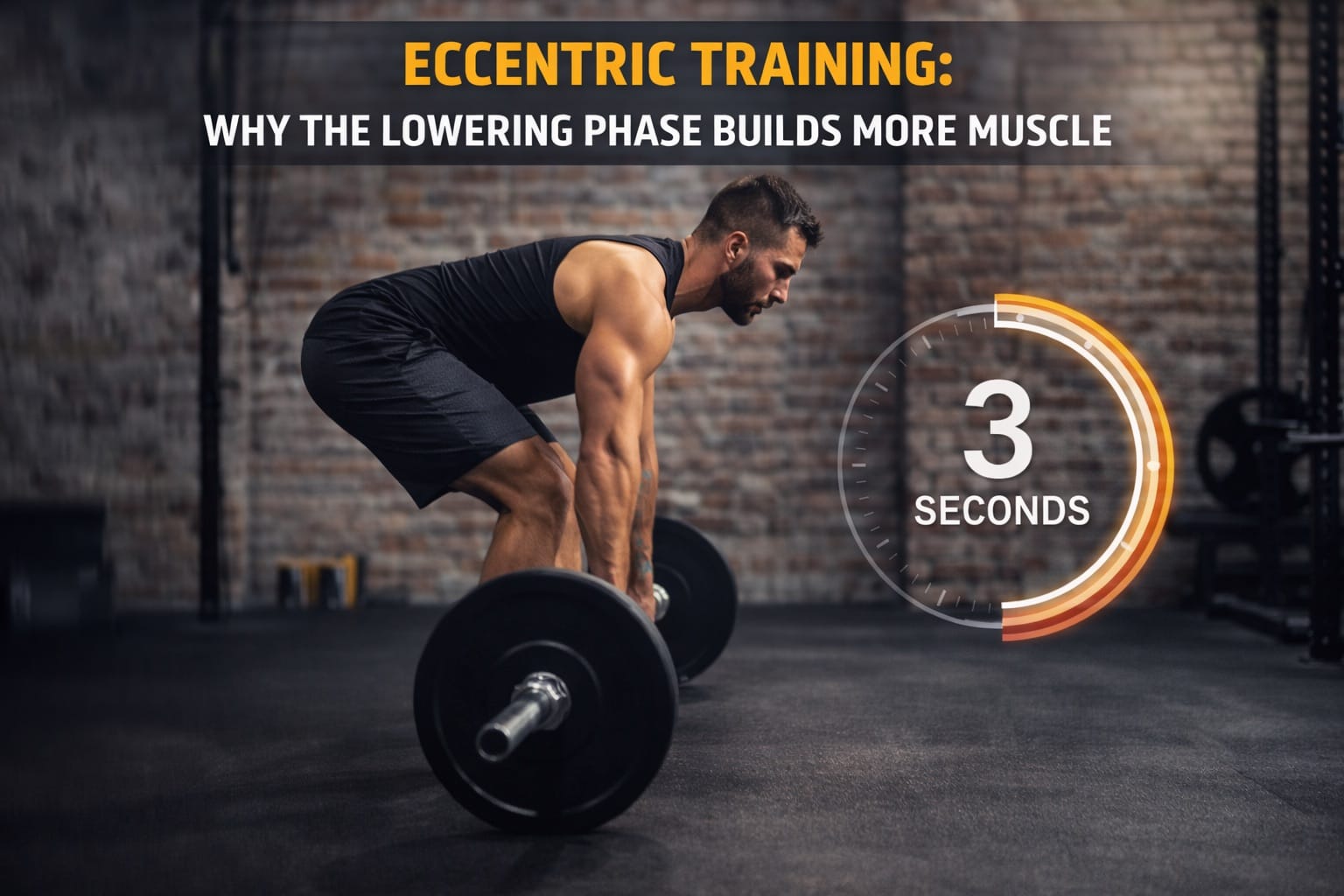 Athlete slowly lowering a barbell during Romanian deadlift emphasizing eccentric control