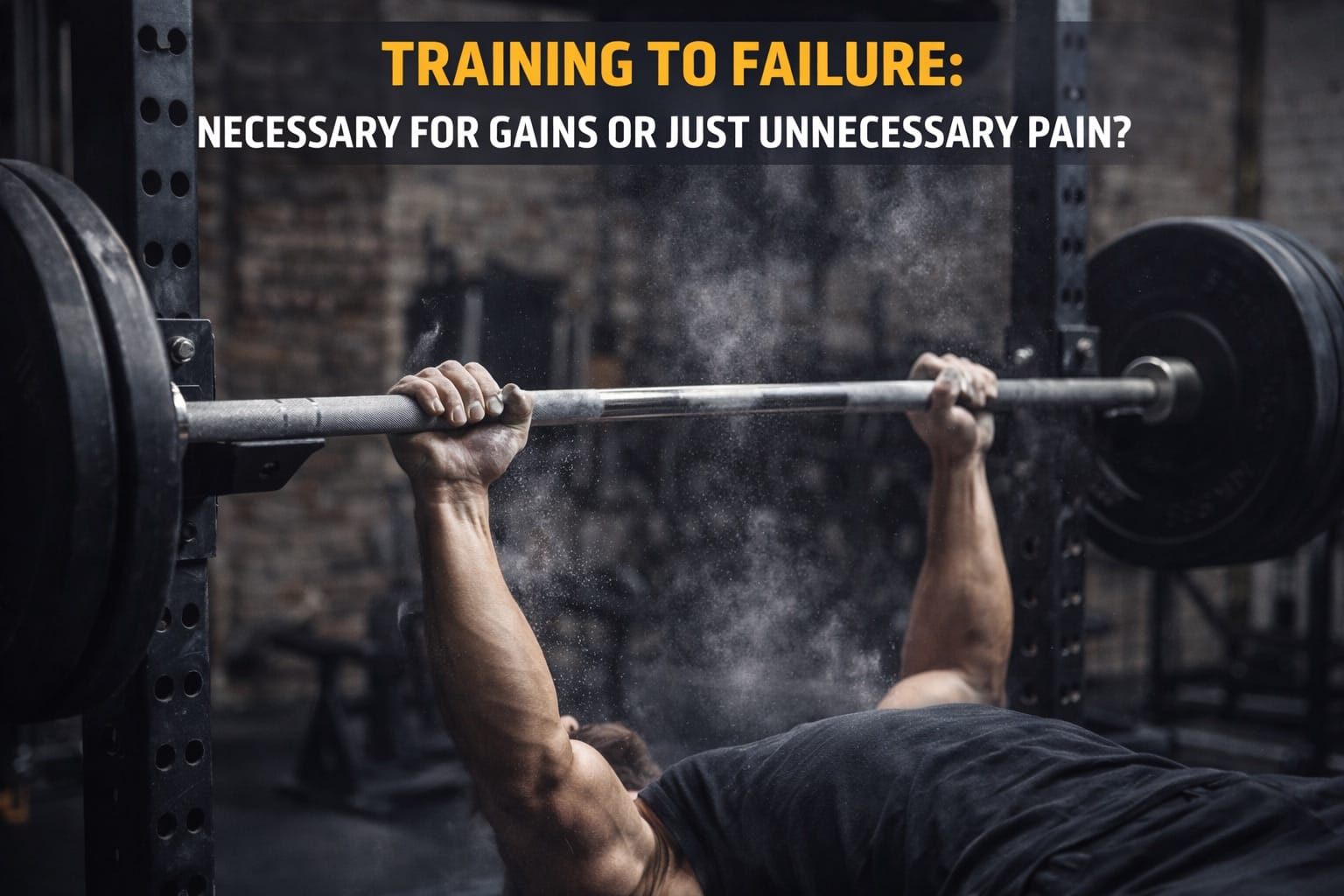 Barbell resting on safety pins in squat rack after a failed rep with chalk dust in the air