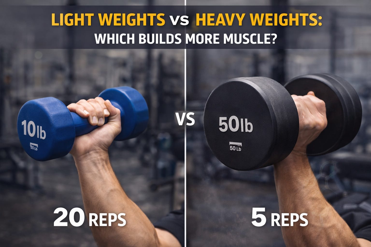 Split image comparing hand holding light dumbbell on left with hand holding heavy dumbbell on right