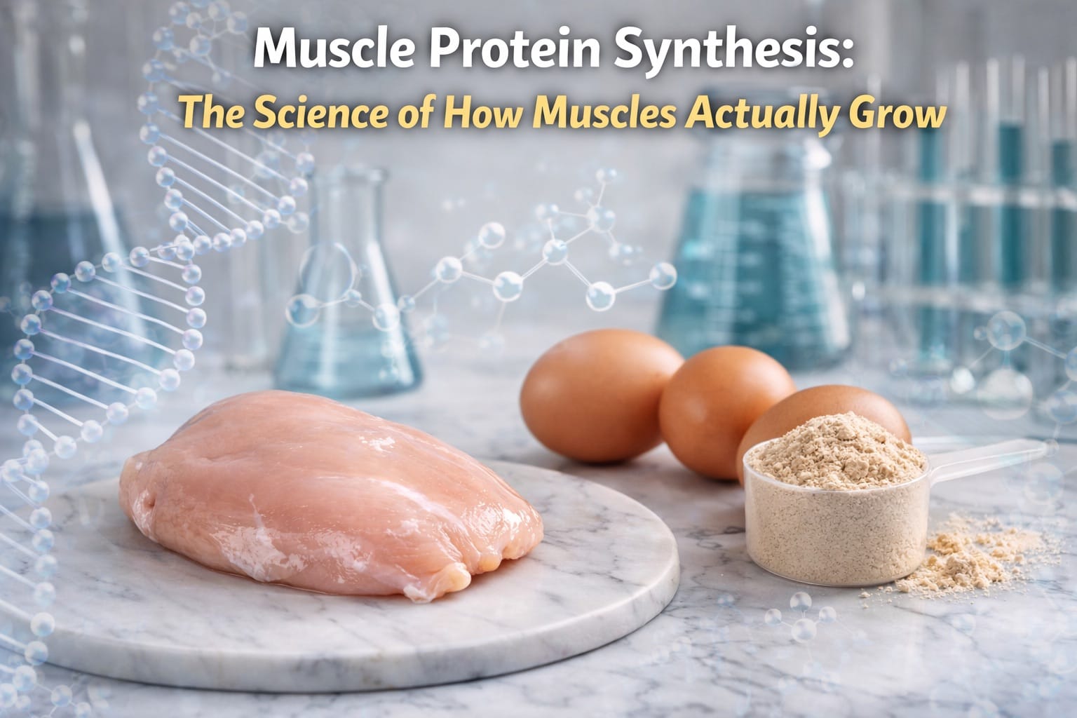 Protein sources with scientific molecular overlay representing muscle protein synthesis