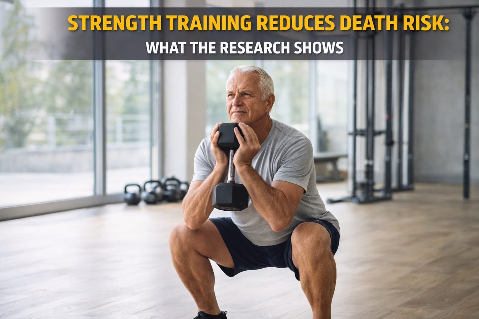 Healthy elderly person performing goblet squat with vitality in bright gym setting