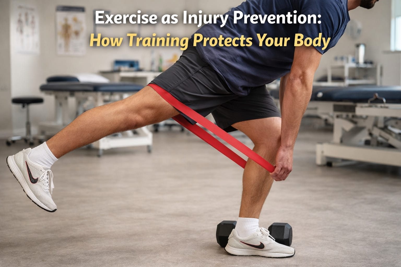 Person performing single-leg Romanian deadlift with resistance band for stability in sports medicine setting