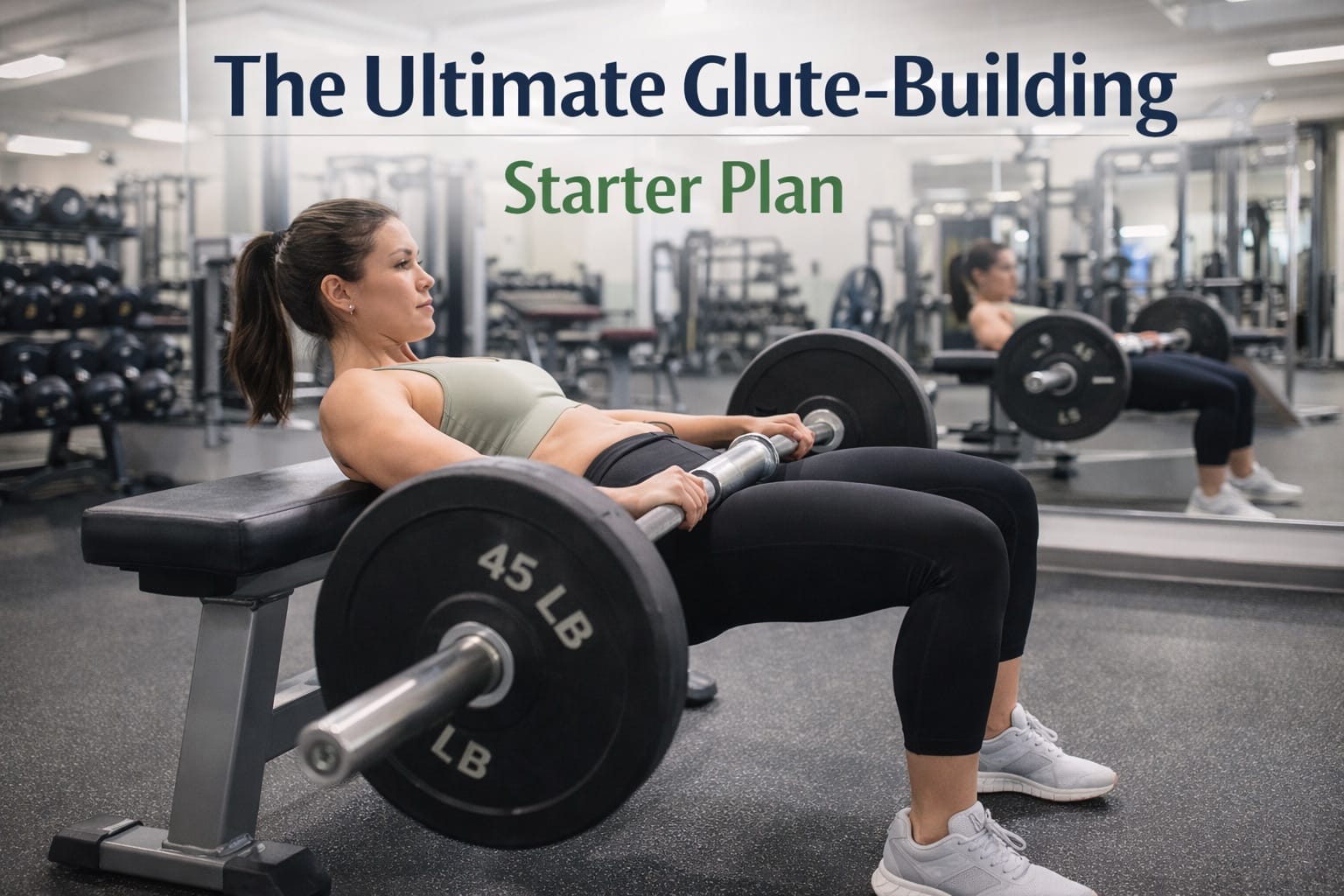 Woman performing hip thrust with barbell across hips targeting glute muscles