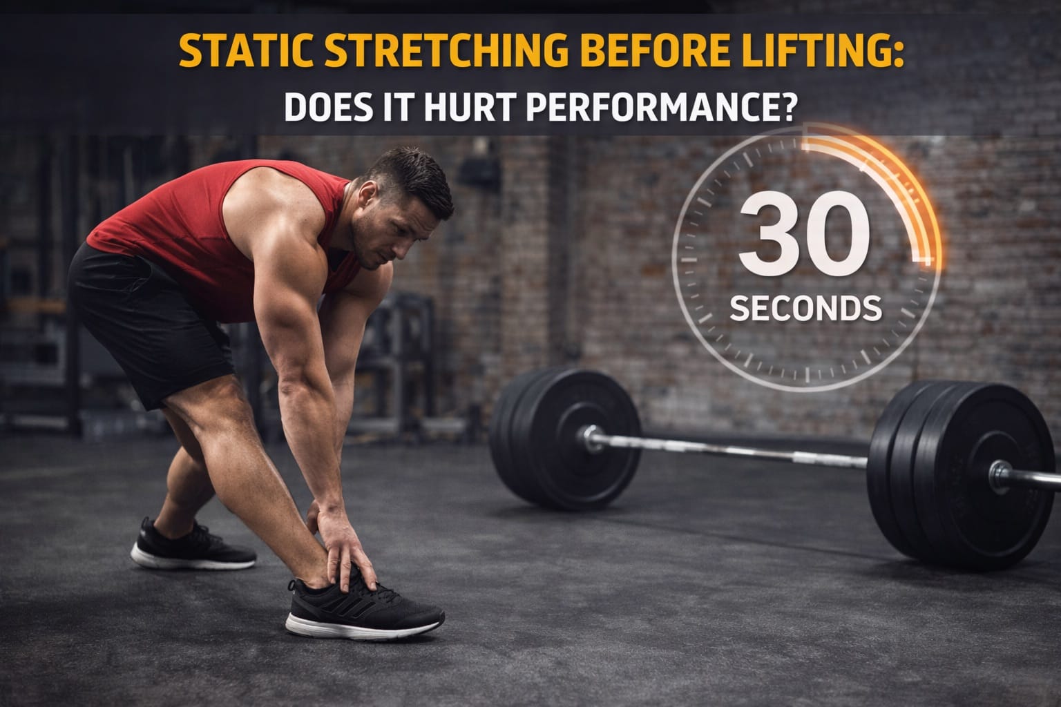 Athlete frozen mid-static stretch with large clock showing 30 seconds and barbell waiting nearby
