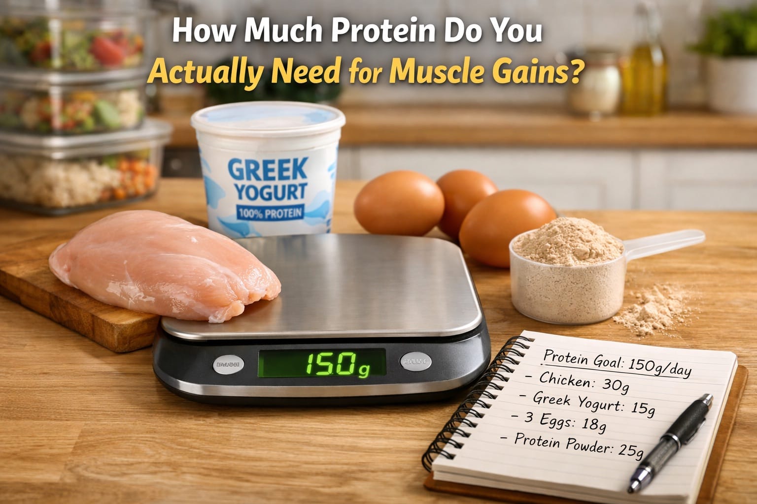 Kitchen scale with protein sources and meal prep notebook showing calculations