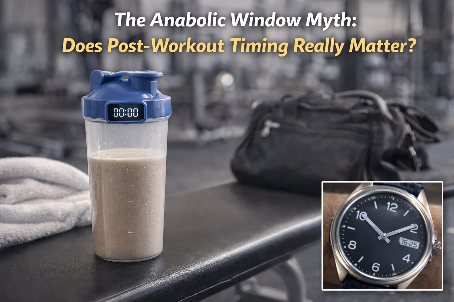 Protein shaker with timer showing 00:00 on gym bench representing the anabolic window myth