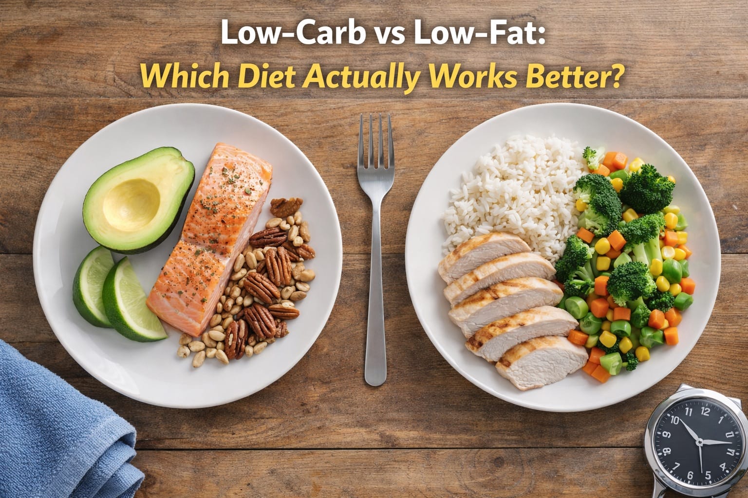 Two plates side by side comparing low-carb and low-fat meals with fork resting between them