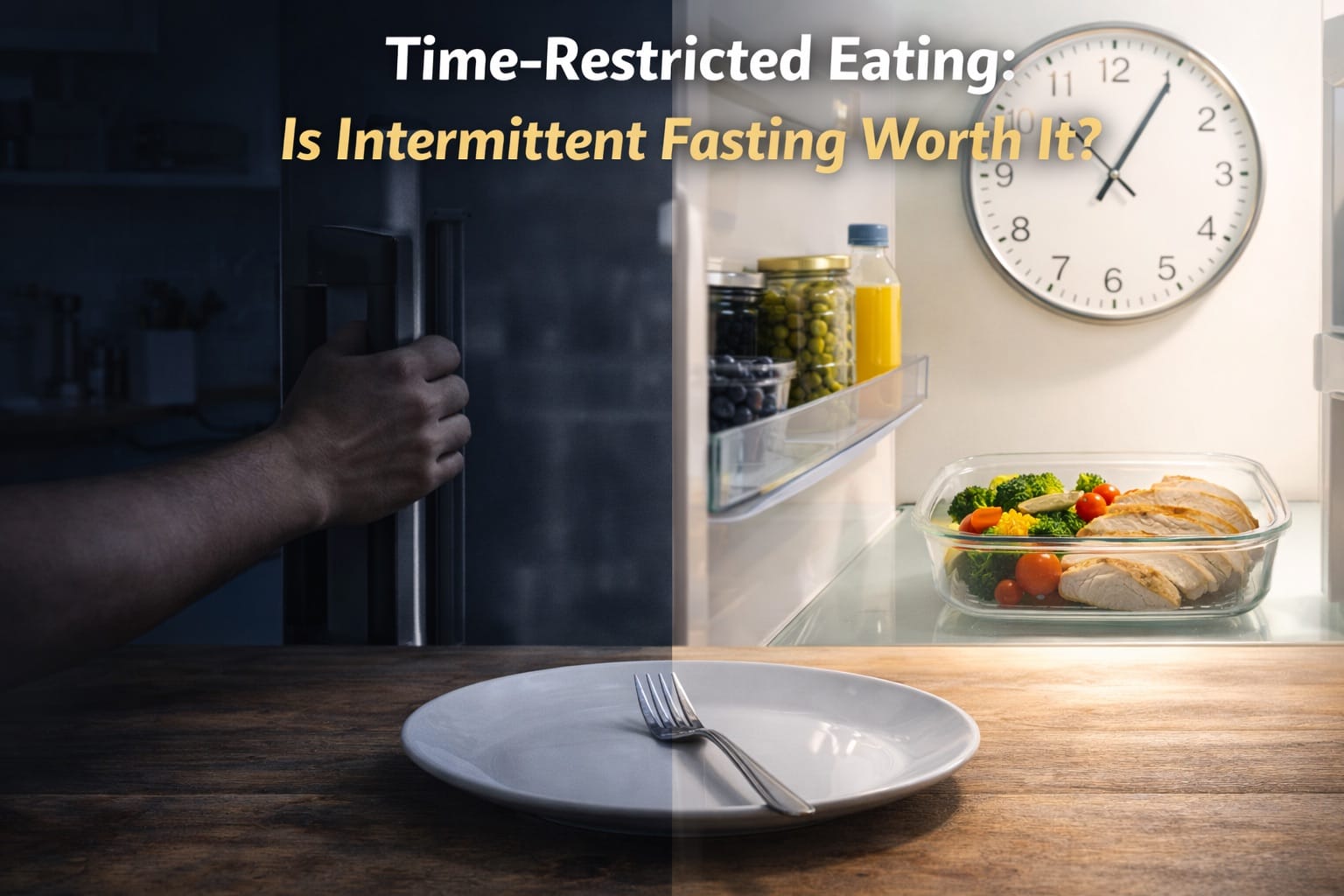 Kitchen with wall clock showing noon and hands opening refrigerator revealing healthy meal