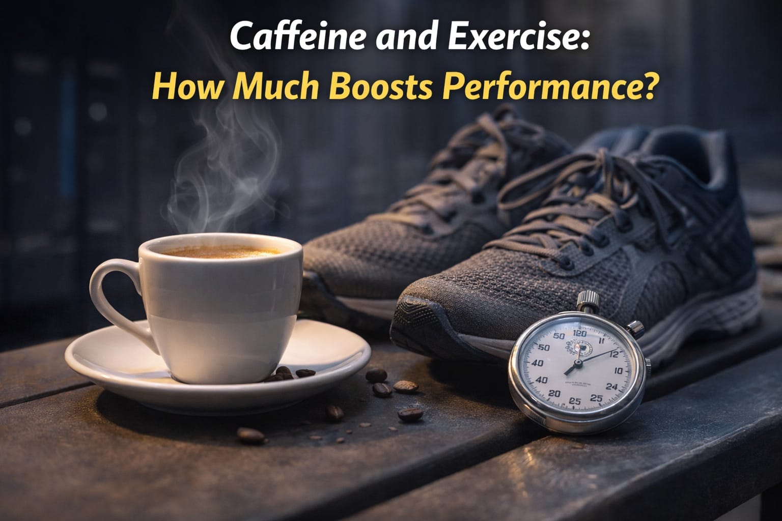 Espresso cup next to running shoes and stopwatch on gym locker room bench