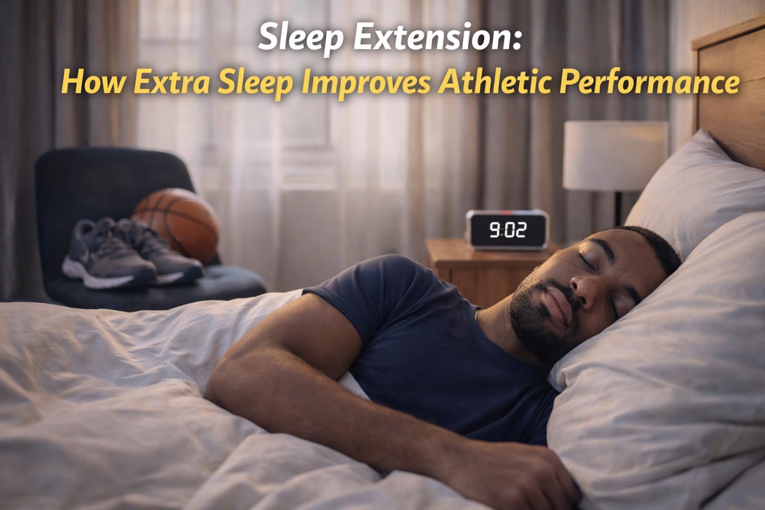 Athlete sleeping peacefully with athletic gear nearby and clock showing extended sleep hours
