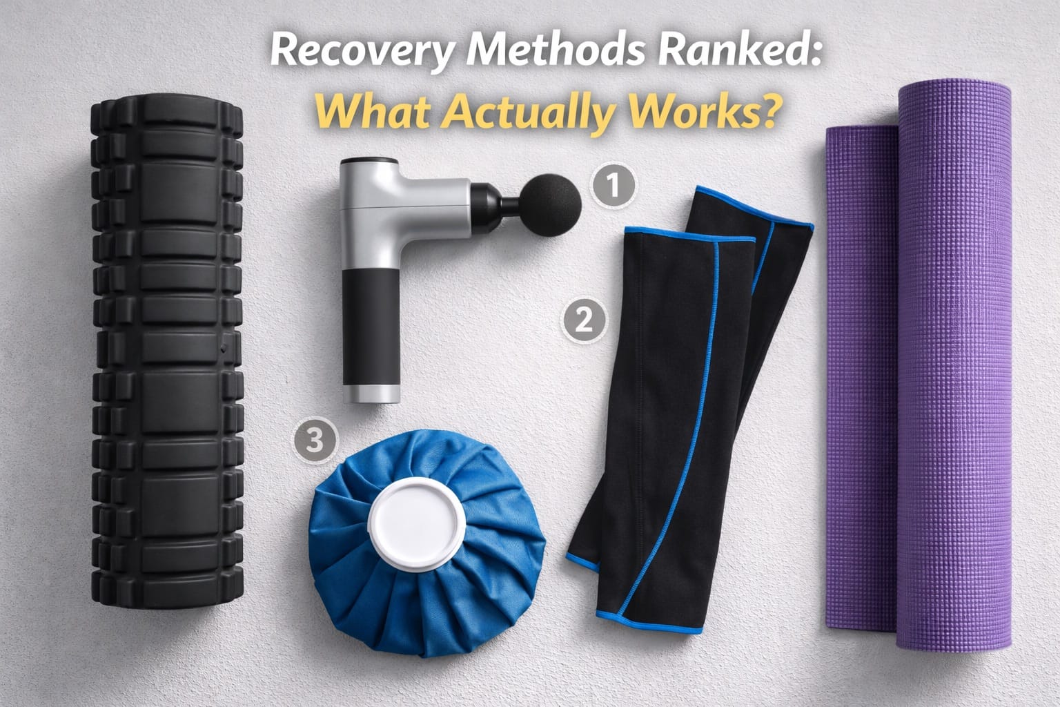 Flat-lay arrangement of recovery tools including foam roller, massage gun, ice pack, and compression sleeves