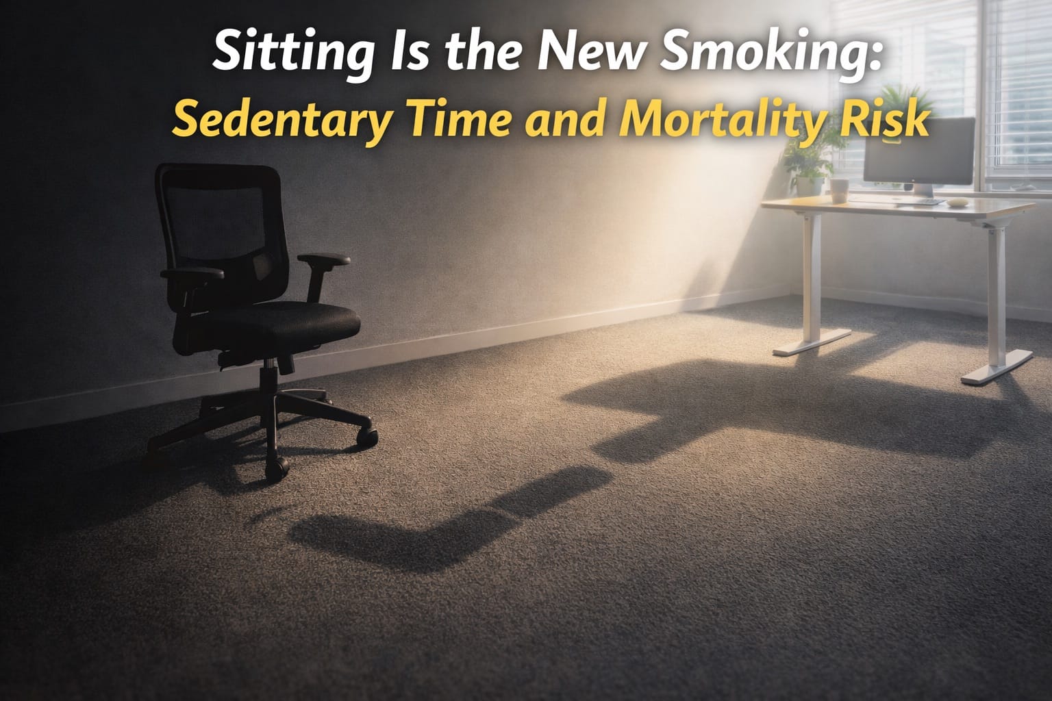 Office chair casting ominous shadow with standing desk visible in bright background