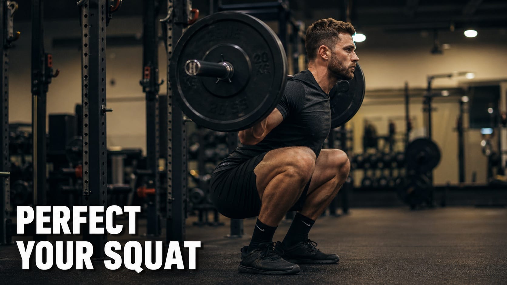Side view of person performing barbell back squat with proper depth and neutral spine