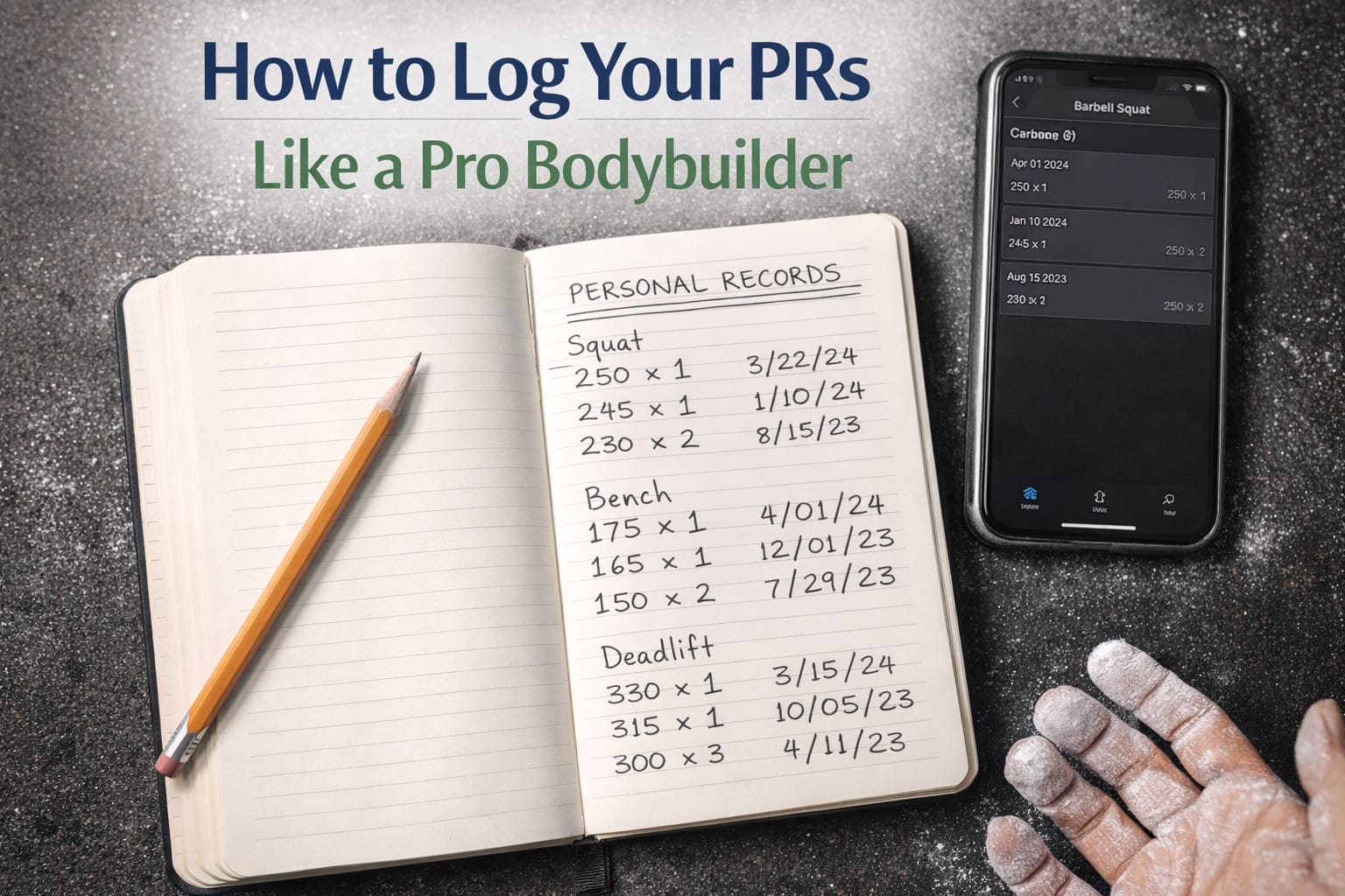 Notebook with PR records next to barbell and phone showing Easy Reps app