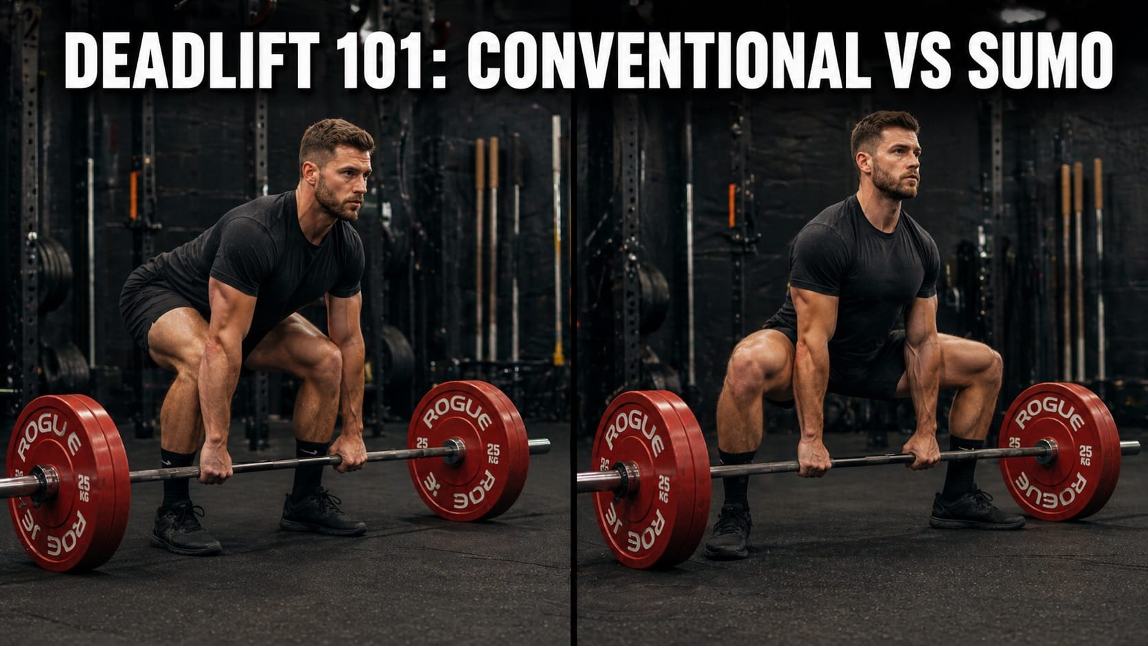 Split image showing conventional deadlift stance on left and sumo deadlift wide stance on right