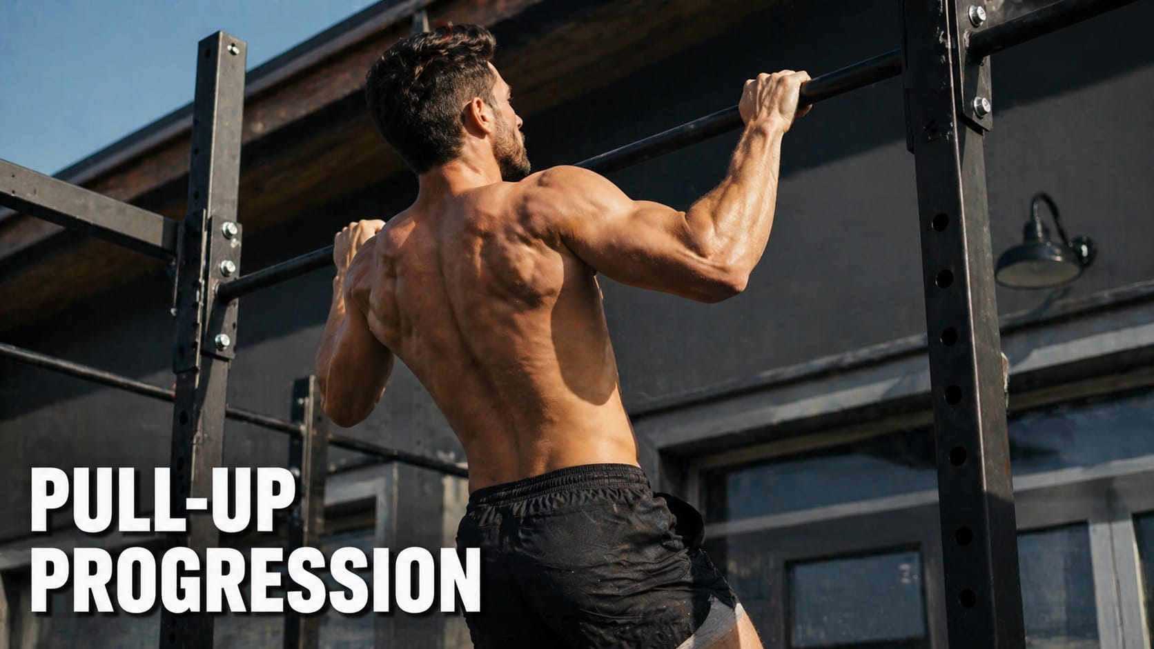 Person performing a pull-up on a bar with chin clearly above bar level showing back muscle engagement
