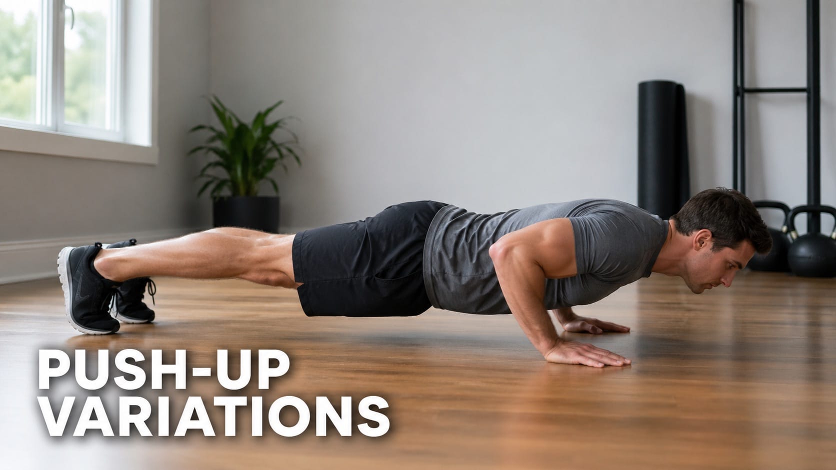 Person performing standard push-up with body in straight plank line and elbows tucked at 45 degrees