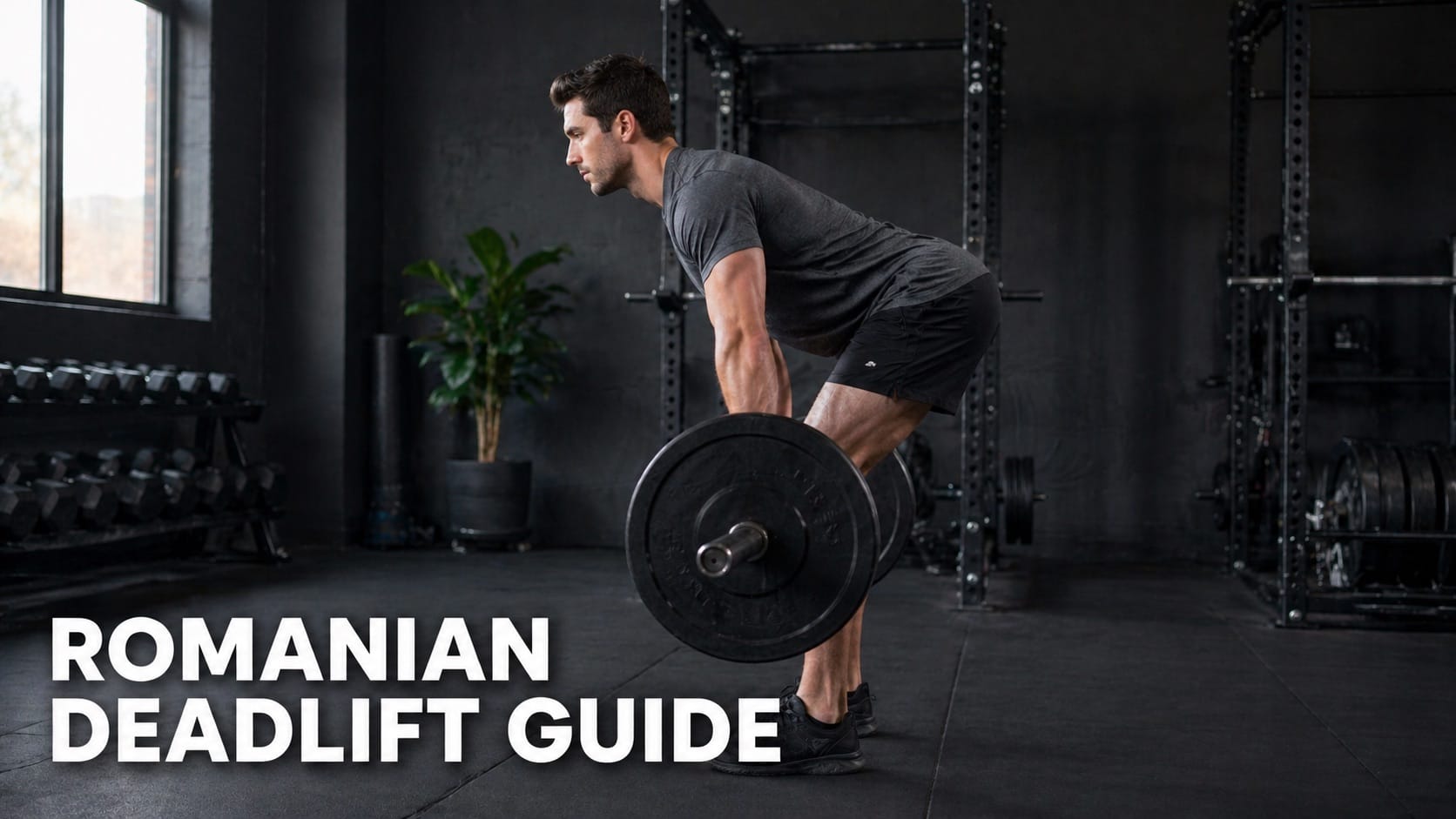 Side view of person performing Romanian deadlift with barbell hovering at mid-shin level showing hip hinge form