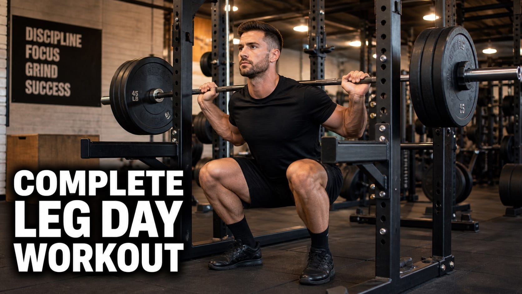 Person performing barbell back squat in a gym squat rack with safety bars showing strong leg position