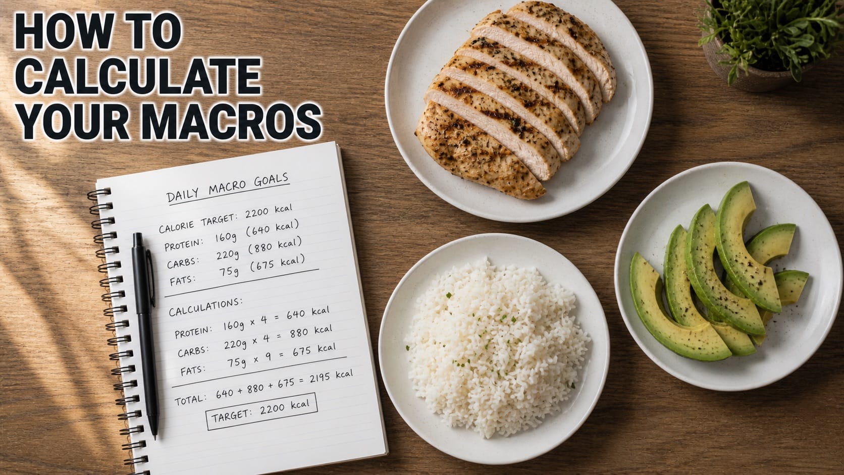 Notebook with macro calculation formulas next to plates of chicken, rice, and avocado representing protein, carbs, and fat
