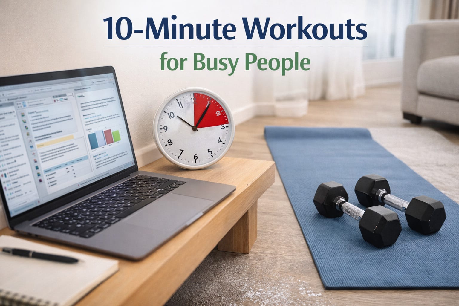 Timer showing 10 minutes next to yoga mat and dumbbells ready for quick home workout