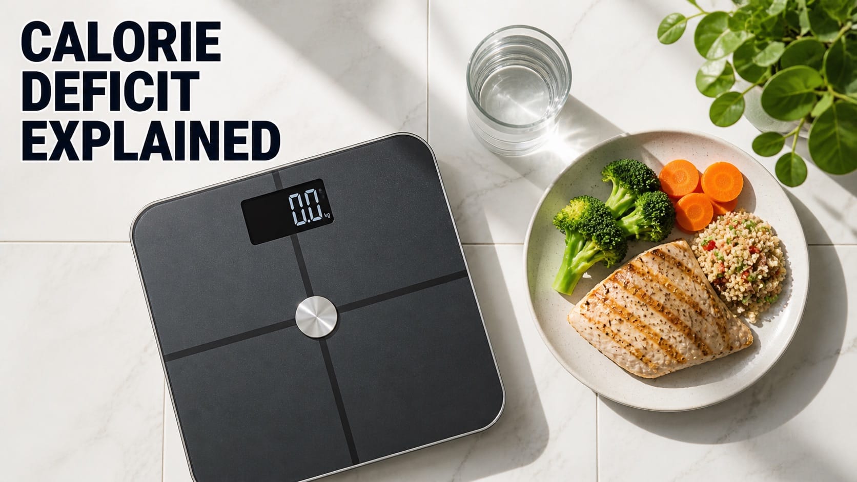 Bathroom scale next to plate of healthy food and water glass illustrating the energy balance of a calorie deficit