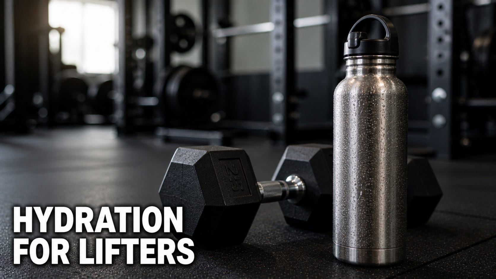 Stainless steel water bottle next to dumbbells in a gym setting showing hydration during weight training