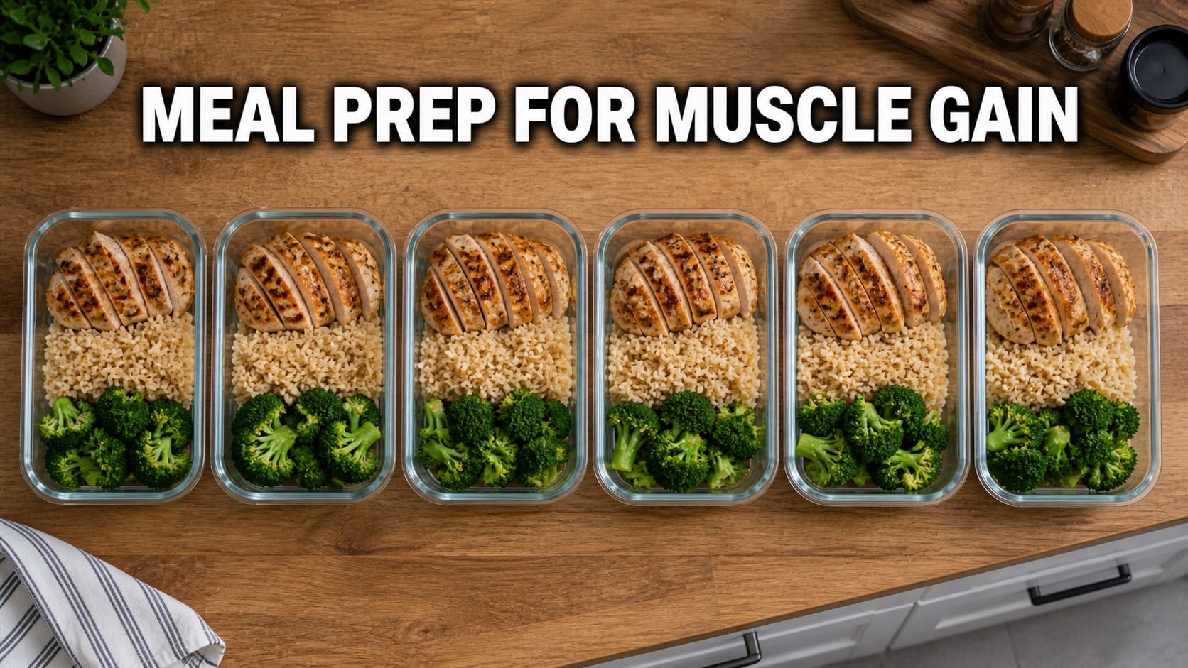 Row of glass meal prep containers filled with chicken rice and vegetables organized for the week