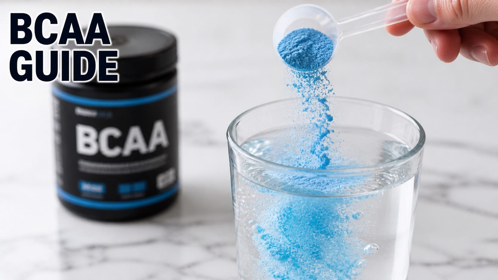 Scoop of BCAA powder next to shaker bottle and protein scoop with amino acid molecule diagram in background