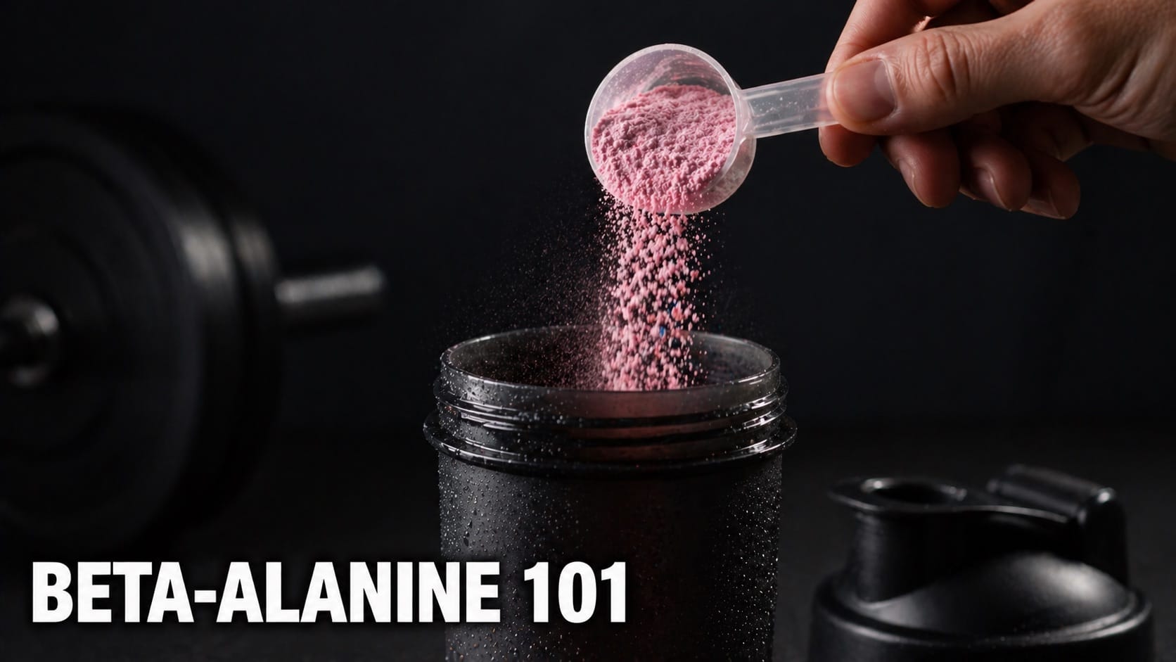 Pre-workout powder being scooped into water bottle showing beta-alanine ingredient list highlighted