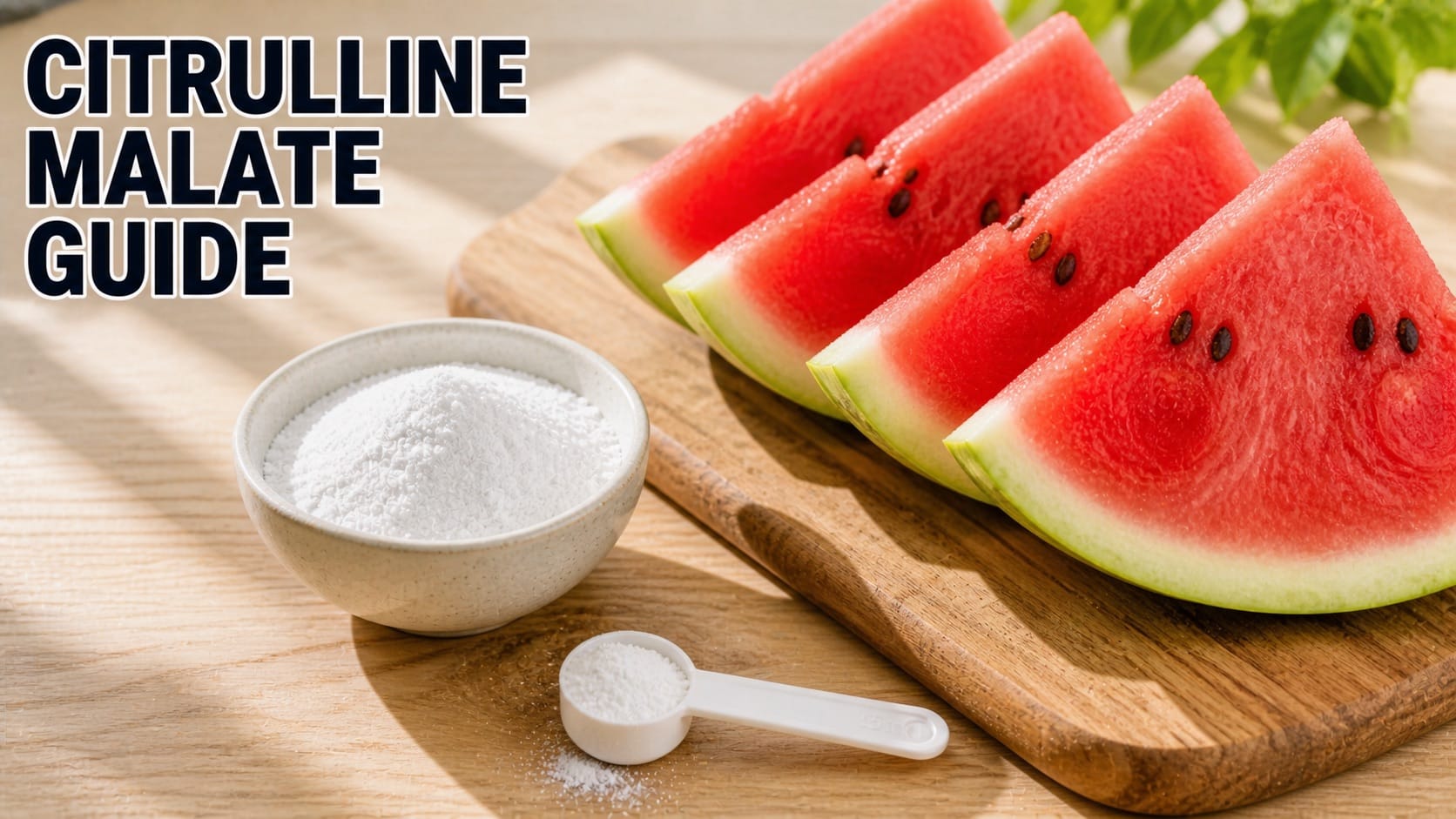 Watermelon slices arranged next to citrulline malate powder showing the natural source of this supplement