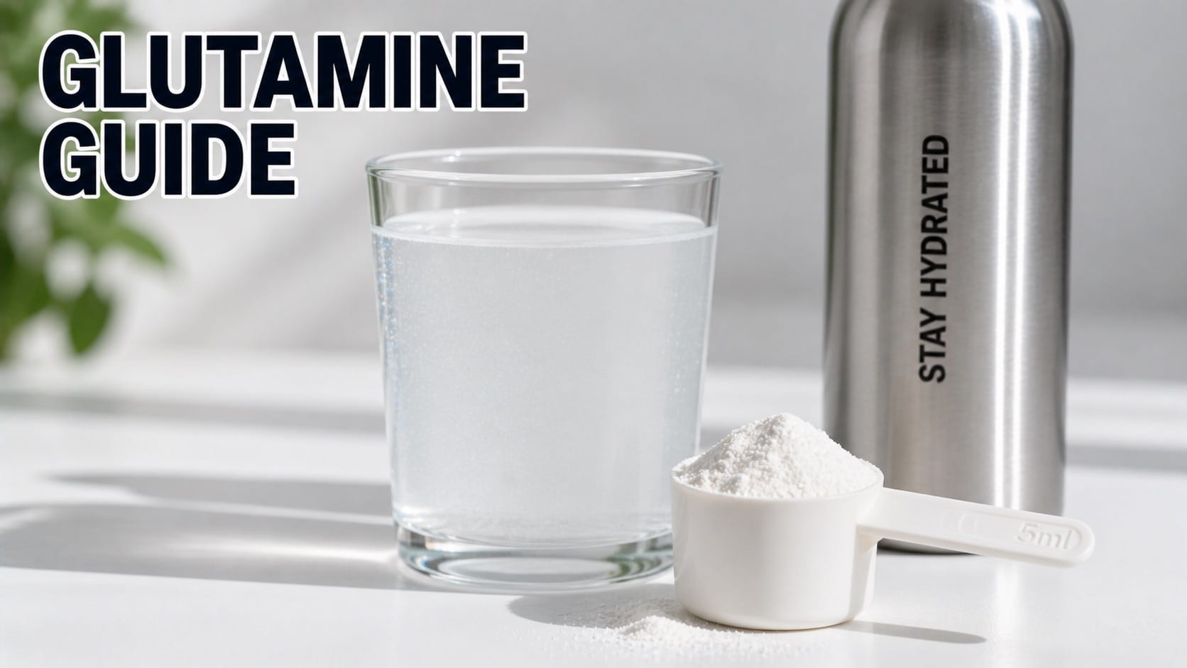 L-glutamine powder in a measuring scoop next to clear glass of dissolved supplement on a wooden surface