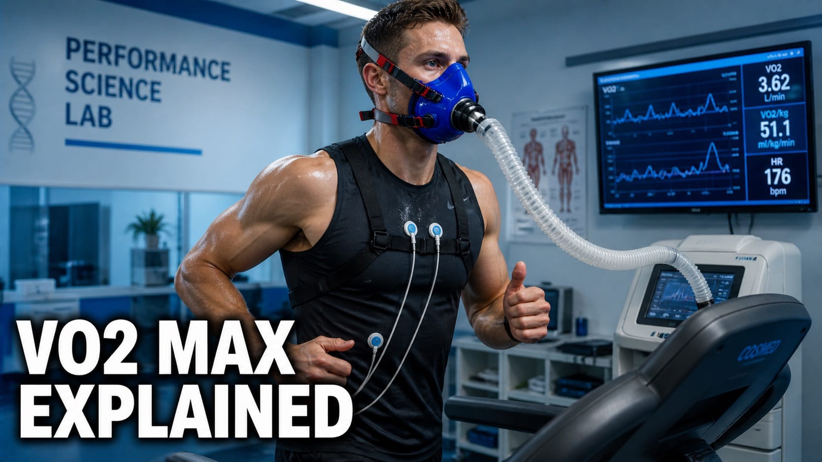 Athlete running on treadmill connected to VO2 max testing equipment showing oxygen consumption analysis