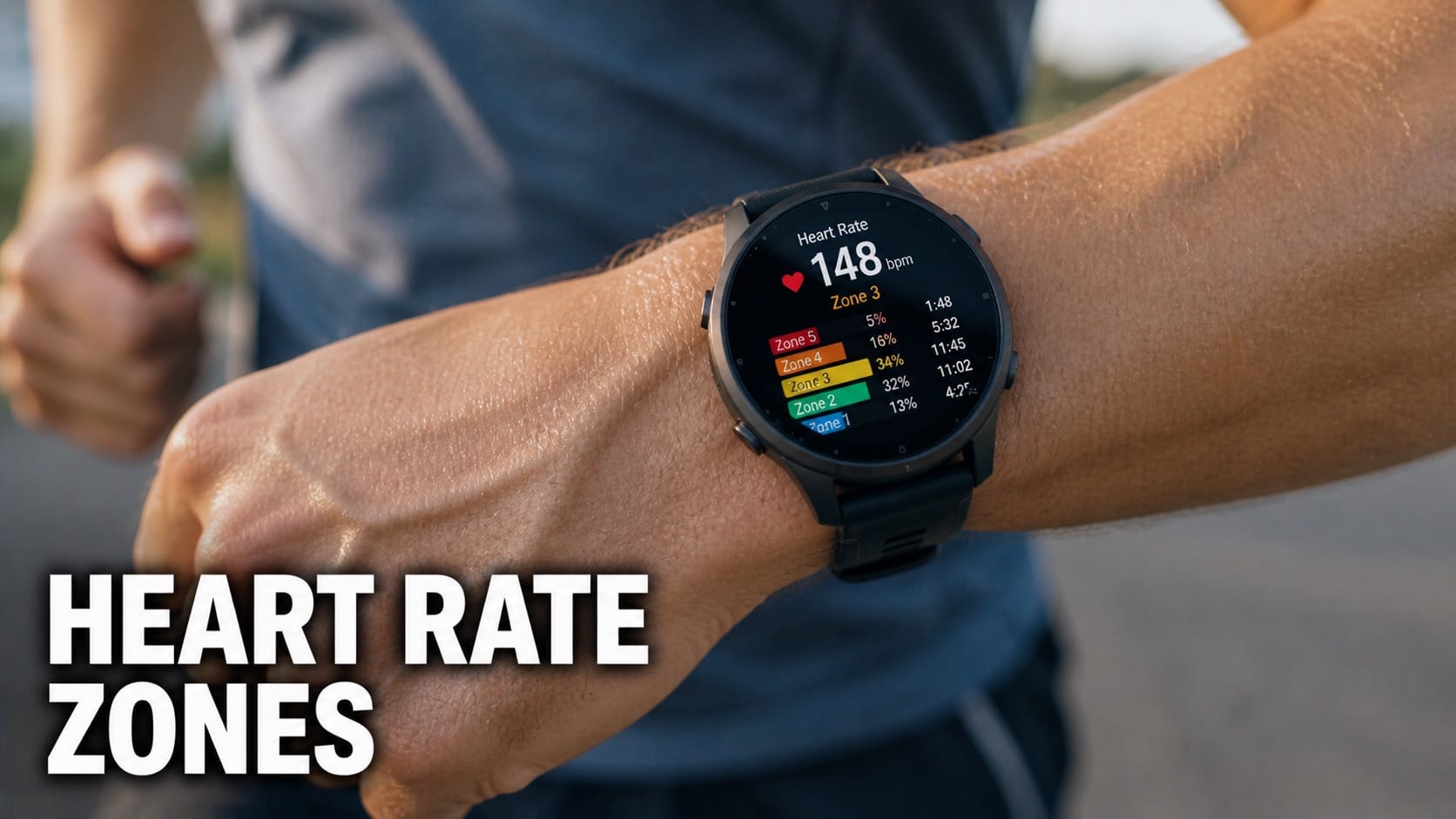 Smartwatch on wrist displaying heart rate during running workout with colored zone graphic in background