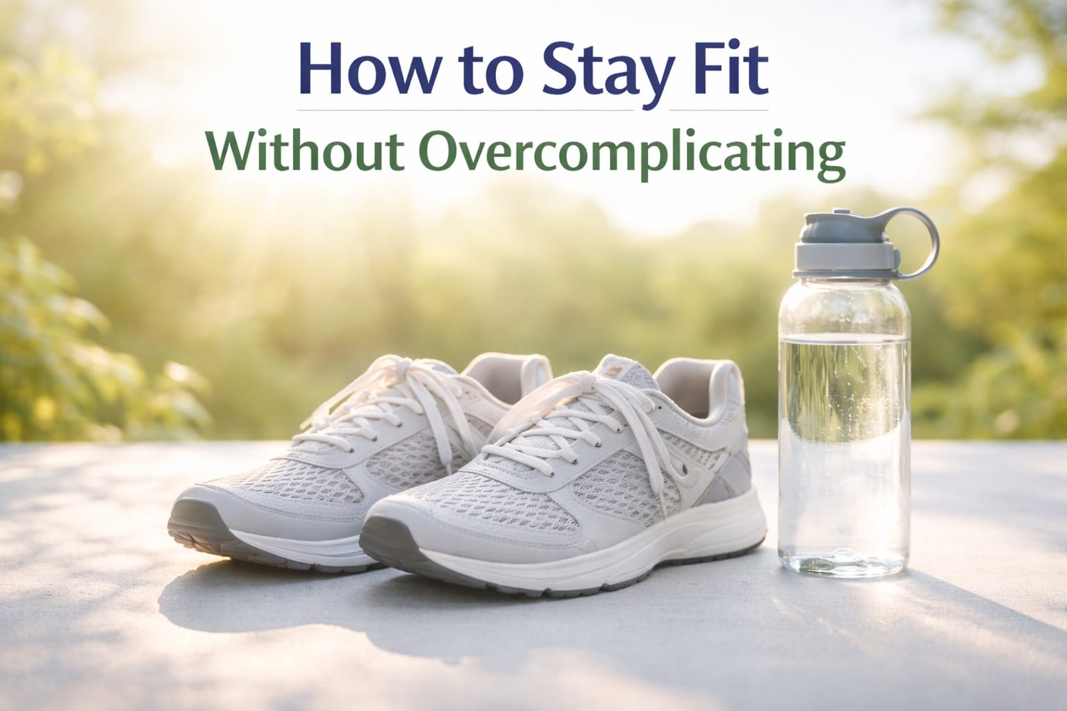 Minimalist fitness setup with just running shoes, water bottle, and yoga mat in sunlight