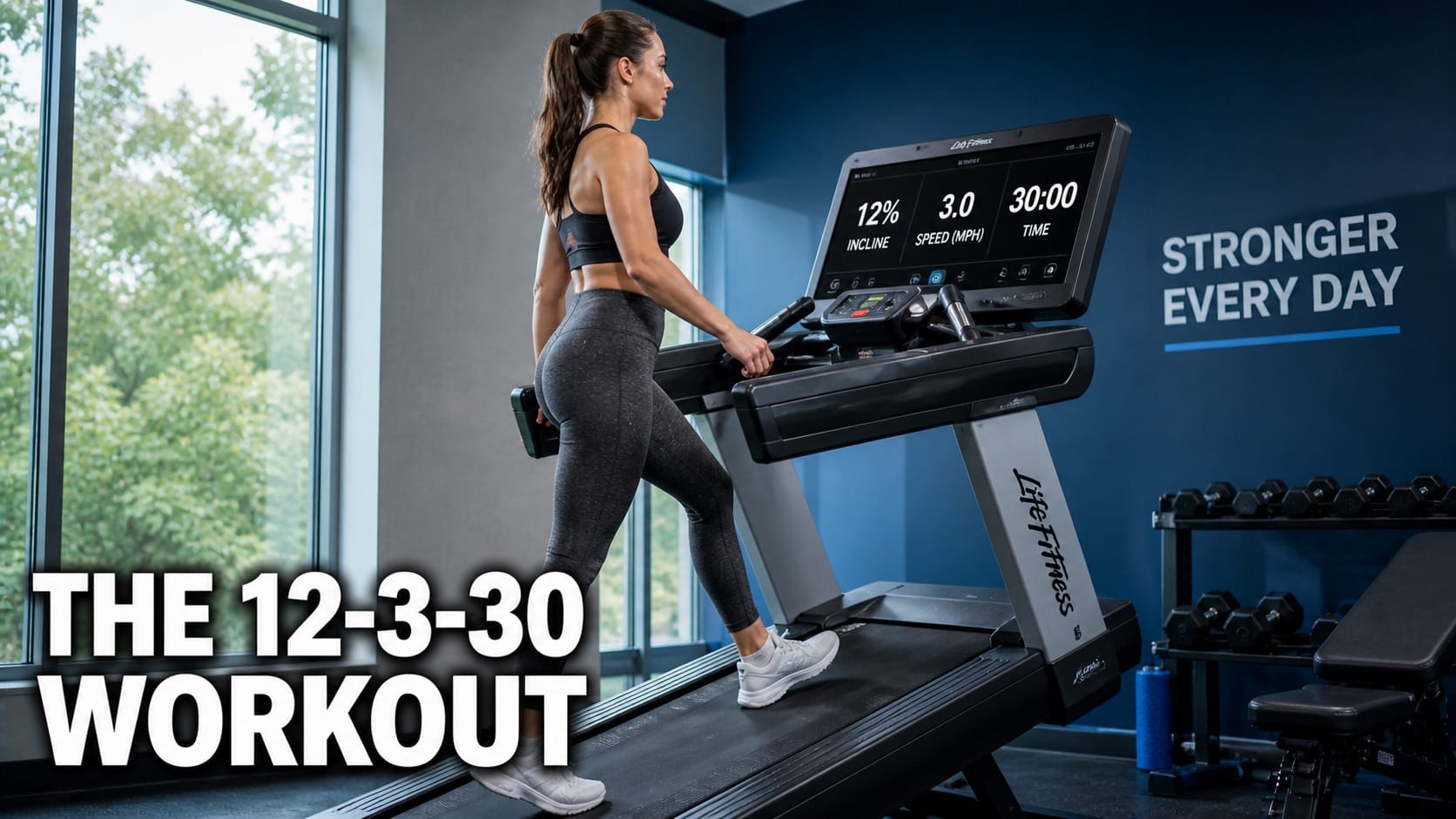 Person walking on treadmill at steep incline showing the 12 percent grade and 3 mph display screen